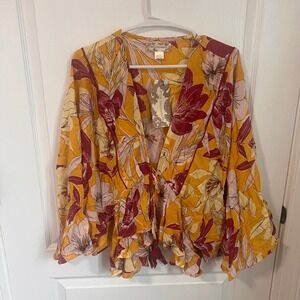 B.O.G Collective Floral Blouse Tie Front Peplum Long Sleeve Top‎ Size Large NWT